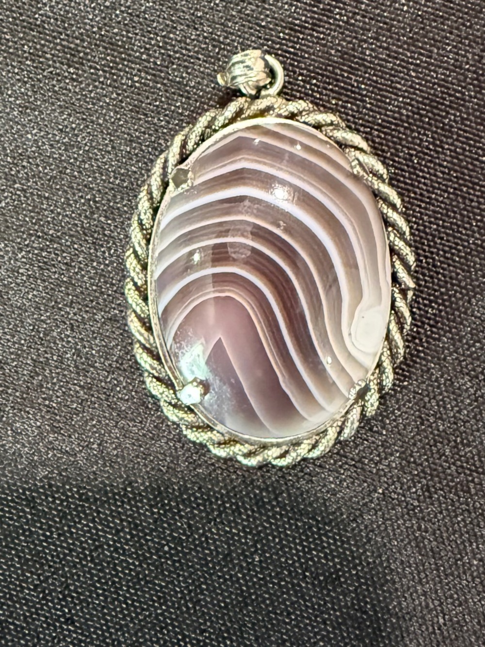 Vintage Sterling Silver and Gray Banded Botswana Agate Oval Pendant